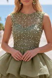 Yellow A-Line Round Neck Tiered Short Homecoming Dress with Pearls