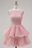 Yellow A-Line Round Neck Tiered Short Homecoming Dress with Pearls