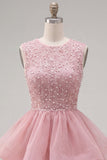 Yellow A-Line Round Neck Tiered Short Homecoming Dress with Pearls