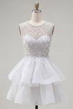 Yellow A-Line Round Neck Tiered Short Homecoming Dress with Pearls