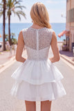 Yellow A-Line Round Neck Tiered Short Homecoming Dress with Pearls