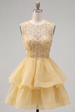 Yellow A-Line Round Neck Tiered Short Homecoming Dress with Pearls