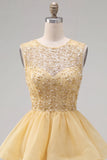Yellow A-Line Round Neck Tiered Short Homecoming Dress with Pearls