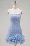 Strapless Blue Bodycon Pearls Homecoming Dress with 3D Flowers