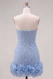 Strapless Blue Bodycon Pearls Homecoming Dress with 3D Flowers