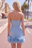 Strapless Blue Bodycon Pearls Homecoming Dress with 3D Flowers