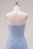 Strapless Blue Bodycon Pearls Homecoming Dress with 3D Flowers