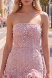 Strapless Blue Bodycon Pearls Homecoming Dress with 3D Flowers