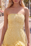 Strapless Blue Bodycon Pearls Homecoming Dress with 3D Flowers