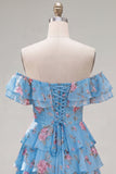 Off the Shoulder Blue A-Line Tiered Floral Homecoming Dress with Lace Up Back