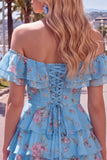 Off the Shoulder Blue A-Line Tiered Floral Homecoming Dress with Lace Up Back