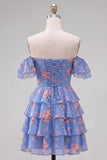 Off the Shoulder Blue A-Line Tiered Floral Homecoming Dress with Lace Up Back