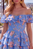 Off the Shoulder Blue A-Line Tiered Floral Homecoming Dress with Lace Up Back