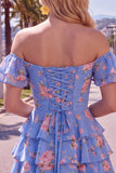 Off the Shoulder Blue A-Line Tiered Floral Homecoming Dress with Lace Up Back