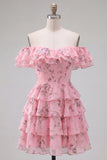 Off the Shoulder Blue A-Line Tiered Floral Homecoming Dress with Lace Up Back