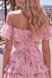 Off the Shoulder Blue A-Line Tiered Floral Homecoming Dress with Lace Up Back