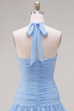 Blue Halter Bodycon Tiered Ruched Homecoming Dress with 3D Flower