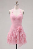 Blue Halter Bodycon Tiered Ruched Homecoming Dress with 3D Flower