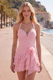 Blue Halter Bodycon Tiered Ruched Homecoming Dress with 3D Flower