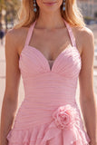Blue Halter Bodycon Tiered Ruched Homecoming Dress with 3D Flower