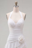 Blue Halter Bodycon Tiered Ruched Homecoming Dress with 3D Flower