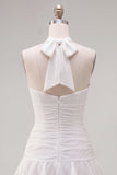 Blue Halter Bodycon Tiered Ruched Homecoming Dress with 3D Flower