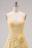 Blue Halter Bodycon Tiered Ruched Homecoming Dress with 3D Flower