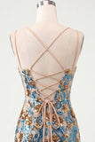 Blue Flower Bodycon Corset Sequins Lace Up Back Spaghetti Straps Short Homecoming Dress