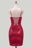 Sparkly Red Spaghetti Straps Bodycon Sequins Short Homecoming Dress with Lace Up Back
