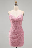 Dusty Rose Bodycon Ruched Lace Up Back Spaghetti Straps Short Homecoming Dress with Beading