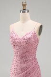 Dusty Rose Bodycon Ruched Lace Up Back Spaghetti Straps Short Homecoming Dress with Beading