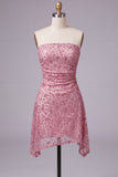 Strapless Dusty Rose Bodycon Ruched Short Homecoming Dress with Beading
