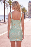 Green Floral Bodycon Sequins Thick Straps Short Homecoming Dress