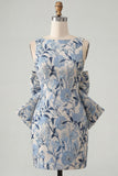 Pink Green Jacquard Bodycon Bateau Neck Floral Homecoming Dress with Large Bow
