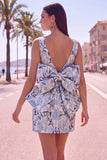 Pink Green Jacquard Bodycon Bateau Neck Floral Homecoming Dress with Large Bow