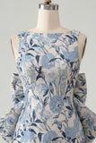 Pink Green Jacquard Bodycon Bateau Neck Floral Homecoming Dress with Large Bow