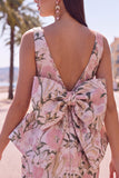 Pink Green Jacquard Bodycon Bateau Neck Floral Homecoming Dress with Large Bow