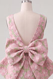 Pink Green Jacquard Bodycon Bateau Neck Floral Homecoming Dress with Large Bow