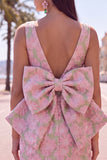 Pink Green Jacquard Bodycon Bateau Neck Floral Homecoming Dress with Large Bow
