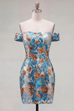Sparkly Blue Flower Off the Shoulder Bodycon Sequins Short Homecoming Dress