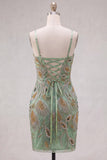 Green Bodycon Beaded Short Homecoming Dress with Lace Up Back