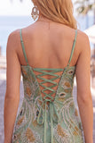 Green Bodycon Beaded Short Homecoming Dress with Lace Up Back