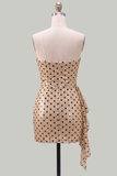 Strapless Champagne Black Dot Bodycon Sequins Short Homecoming Dress with Sash
