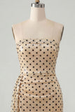 Strapless Champagne Black Dot Bodycon Sequins Short Homecoming Dress with Sash