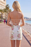 Sparkly White Floral Sequins Lace Up Back Short Homecoming Dress with Slit
