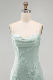 Yellow Bodycon Ruched Spaghetti Straps Floral Embroidery Homecoming Dress
