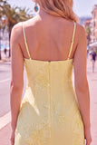 Yellow Bodycon Ruched Spaghetti Straps Floral Embroidery Homecoming Dress