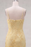 Yellow Bodycon Ruched Spaghetti Straps Floral Embroidery Homecoming Dress