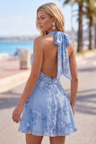 A-Line Yellow Halter Backless Short Cocktail Dress with Floral Embroidery