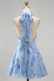 A-Line Yellow Halter Backless Short Cocktail Dress with Floral Embroidery